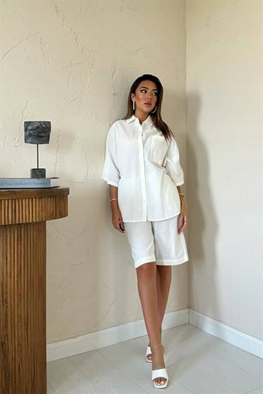 Toptan Ekru Kısa Kollu Keten Gömlek ve Şort Takım