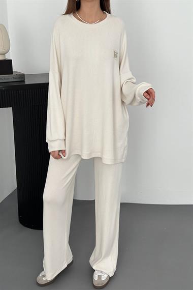 Toptan Ekru Klasik Fitilli Kazak ve Pantolon Takım