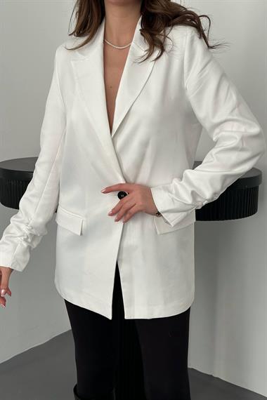 Toptan Ekru Kol Ucu Büzgülü Atlas Ceket