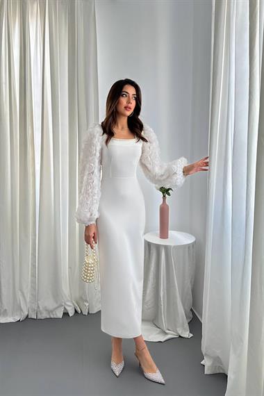 Toptan Ekru Kolları Çiçekli Atlas Elbise