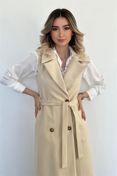 Toptan Ekru Kolsuz Kaşe Kadın Kaban