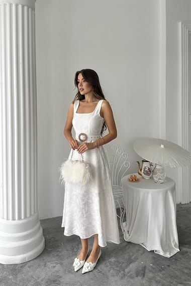 Toptan Ekru Kuplu Uzun Elbise