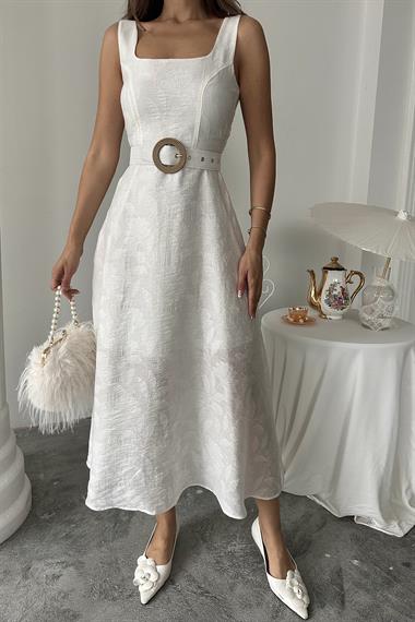 Toptan Ekru Kuplu Uzun Elbise