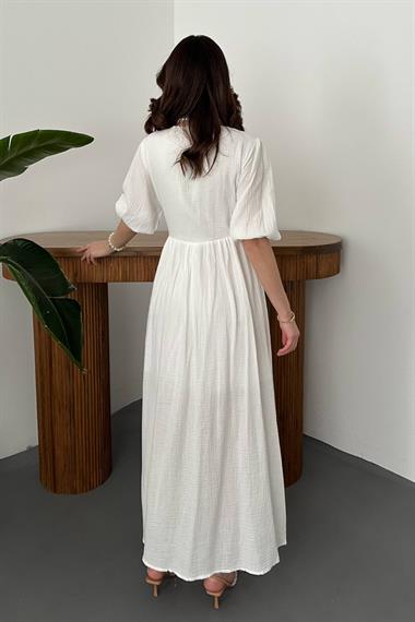Toptan Ekru Müslin Uzun Elbise