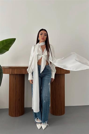 Toptan Ekru Önü Bağlamalı Bluz
