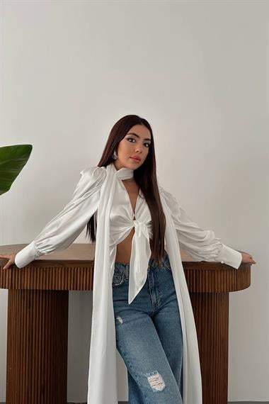 Toptan Ekru Önü Bağlamalı Bluz