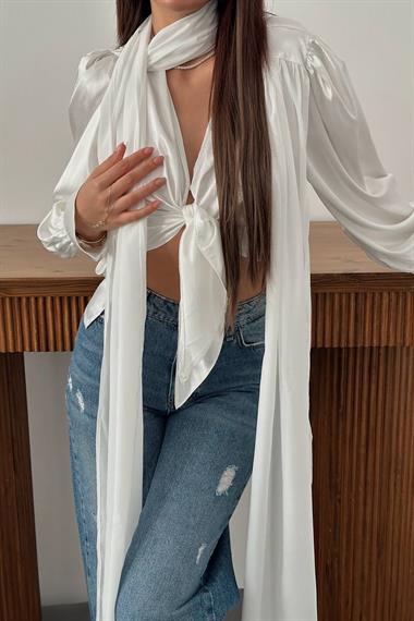 Toptan Ekru Önü Bağlamalı Bluz