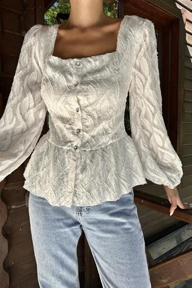 Toptan Ekru Önü Düğmeli Bluz