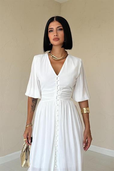 Toptan Ekru Önü Düğmeli Elbise