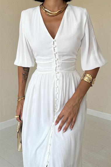 Toptan Ekru Önü Düğmeli Elbise