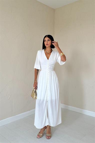 Toptan Ekru Önü Düğmeli Elbise