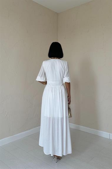 Toptan Ekru Önü Düğmeli Elbise