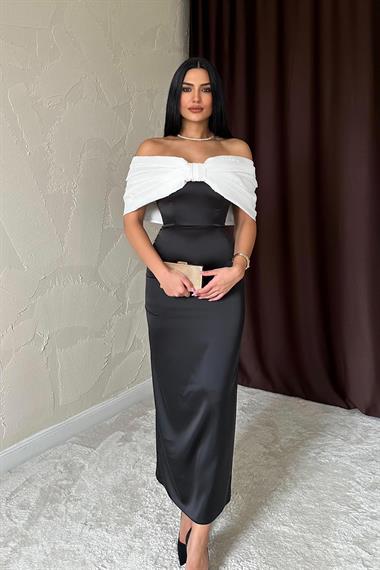 Toptan Ekru Önü Fiyonklu Elbise