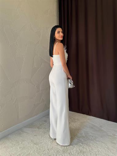 Toptan Ekru Otriş Detaylı Kemerli Tulum