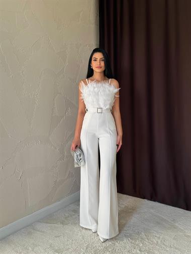 Toptan Ekru Otriş Detaylı Kemerli Tulum