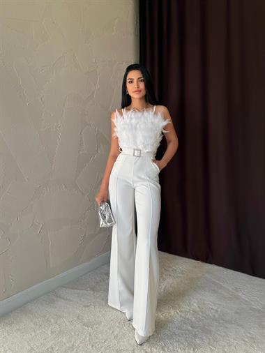 Toptan Ekru Otriş Detaylı Kemerli Tulum