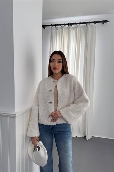 Toptan Ekru Peluş Kısa Ceket