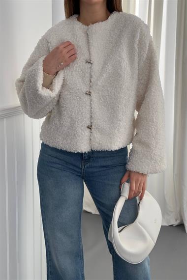 Toptan Ekru Peluş Kısa Ceket