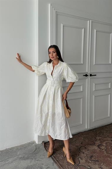 Toptan Ekru Pileli Balon Kol Elbise