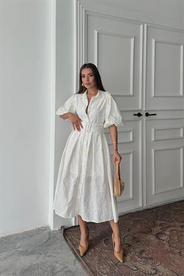 Toptan Ekru Pileli Balon Kol Elbise