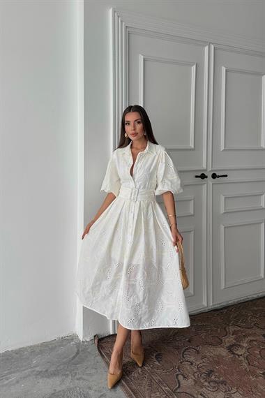 Toptan Ekru Pileli Balon Kol Elbise