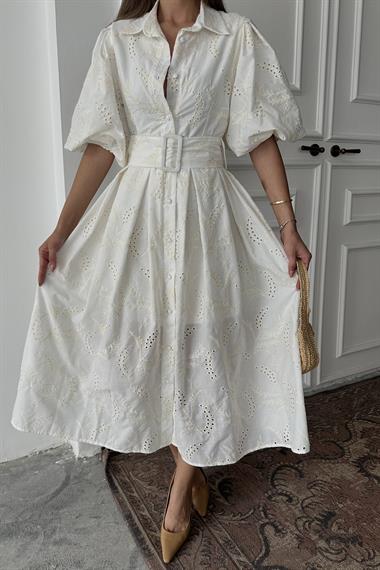 Toptan Ekru Pileli Balon Kol Elbise