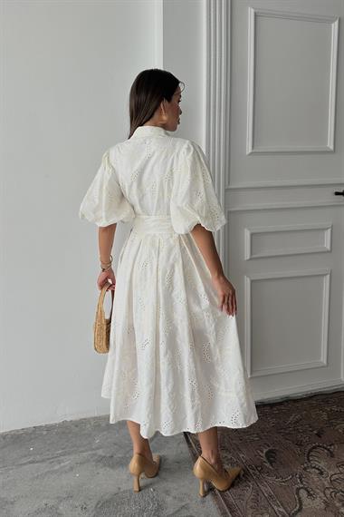 Toptan Ekru Pileli Balon Kol Elbise