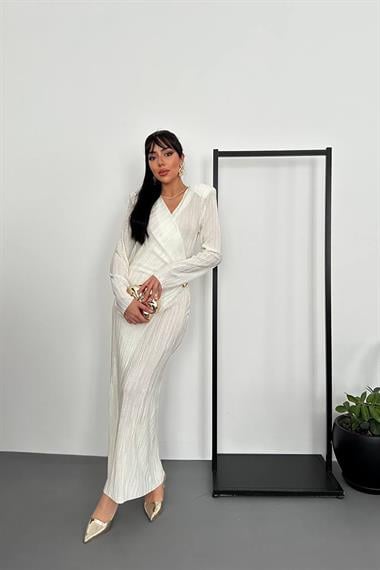 Toptan Ekru Piliseli Tokalı Elbise