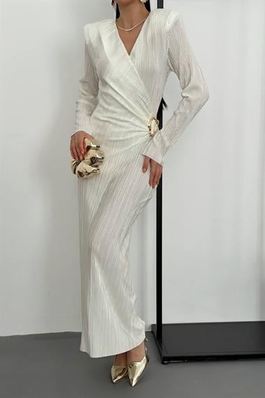 Toptan Ekru Piliseli Tokalı Elbise