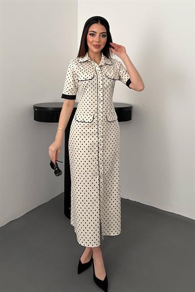 Toptan Ekru Puantiyeli Elbise
