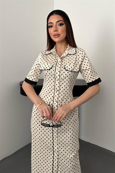 Toptan Ekru Puantiyeli Elbise