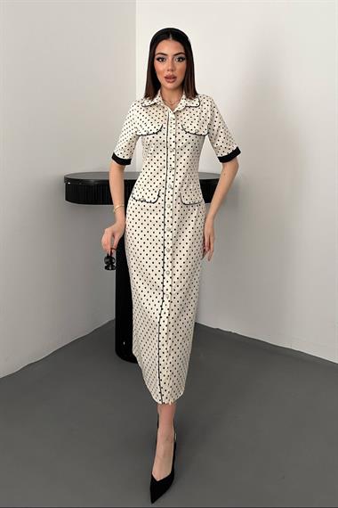 Toptan Ekru Puantiyeli Elbise