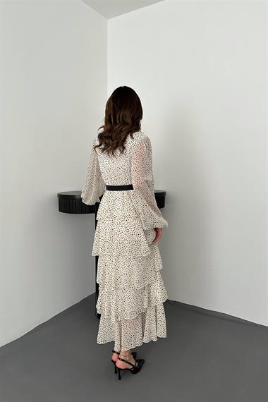 Toptan Ekru Puantiyeli Şifon Kat Elbise