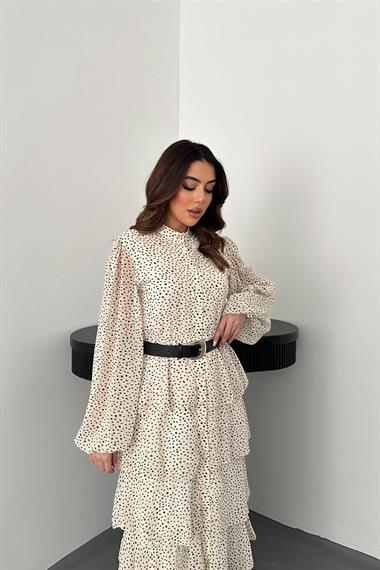Toptan Ekru Puantiyeli Şifon Kat Elbise