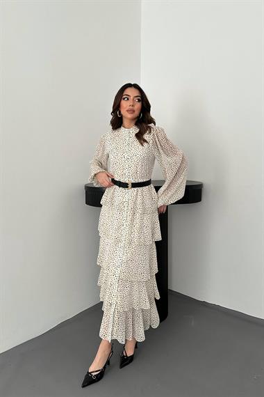 Toptan Ekru Puantiyeli Şifon Kat Elbise