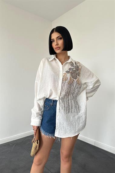 Wholesale Ecru Sequin Embroidered Free Size Shirt