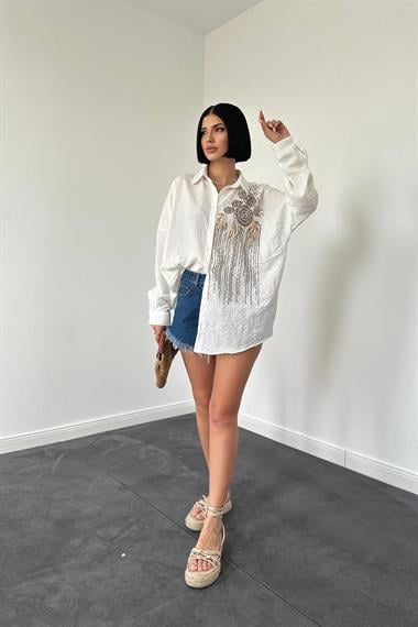 Wholesale Ecru Sequin Embroidered Free Size Shirt