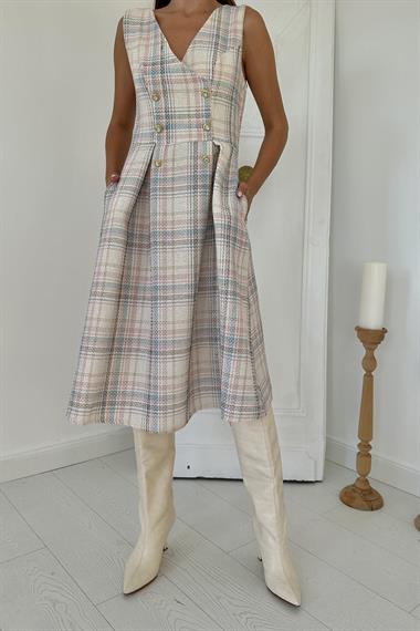 Toptan Ekru Sıfır Kol Elbise