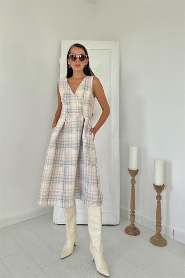 Toptan Ekru Sıfır Kol Elbise