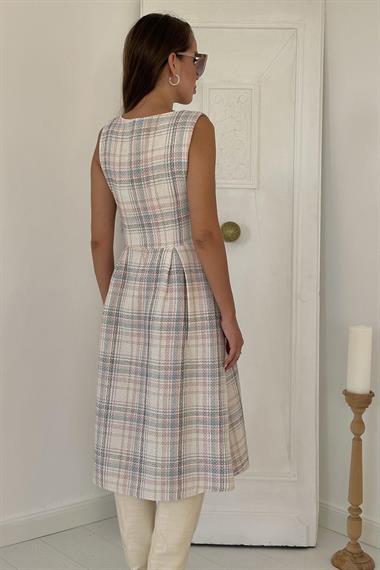 Toptan Ekru Sıfır Kol Elbise