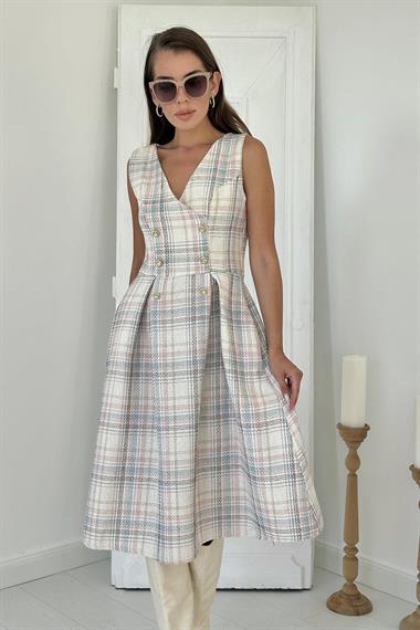 Toptan Ekru Sıfır Kol Elbise