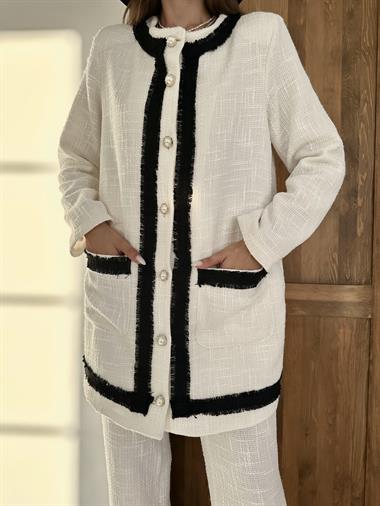 Toptan Ekru Siyah Şeritli Yakasız Ceket ve Pantolon Takım