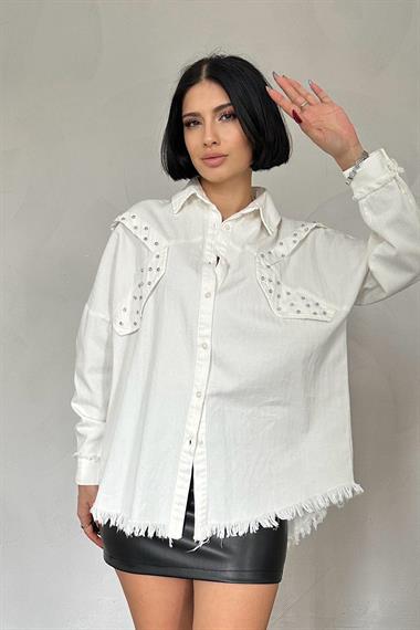 Wholesale Ecru Stone Embroidered Design Shirt