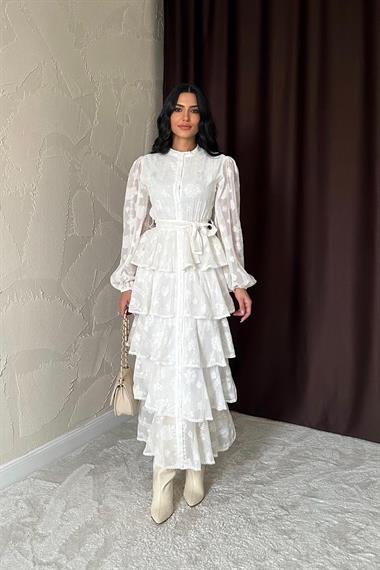 Toptan Ekru Uzun Volanlı Elbise