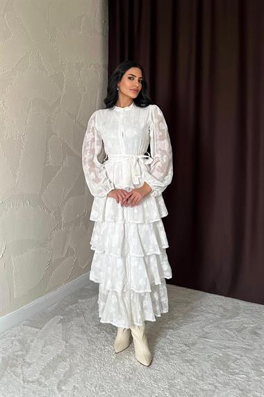 Toptan Ekru Uzun Volanlı Elbise