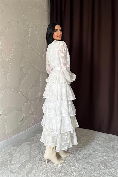 Toptan Ekru Uzun Volanlı Elbise