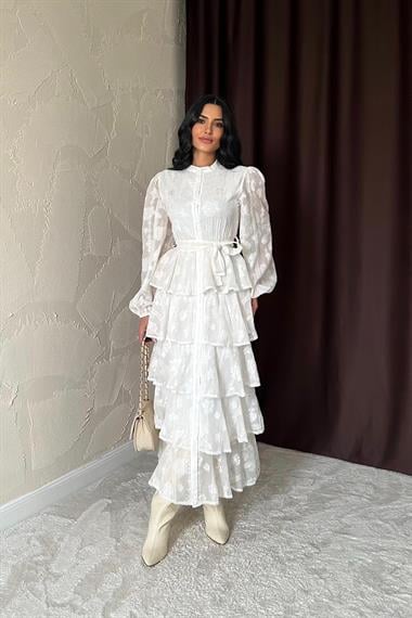 Toptan Ekru Uzun Volanlı Elbise