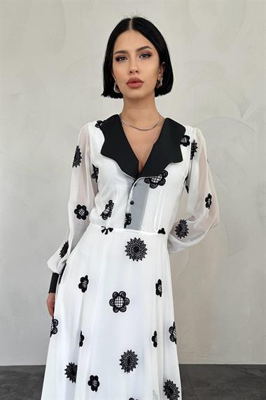 Toptan Ekru Yaka Nakışlı Elbise