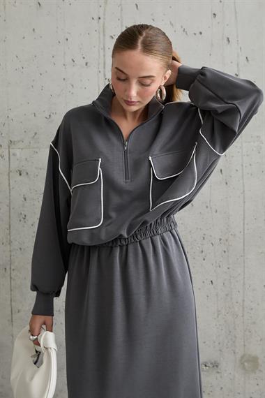 Toptan Füme Biyeli Sweatshirt ve Etek Takım