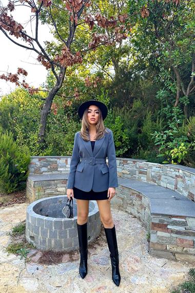 Toptan Füme Cep Kapaklı ve Kemerli Ceket